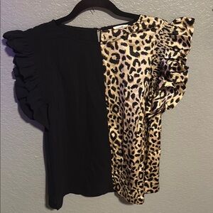 Leopard Print and Black Ruffle Sleeve Top